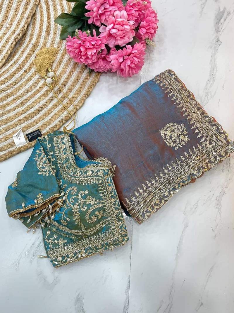 Teal Color embroidery And sequence Work Chiffon Saree