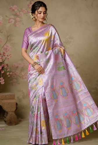 Baby Pink Minakari Big Flower Jaal With Viscose Saree with Blouse