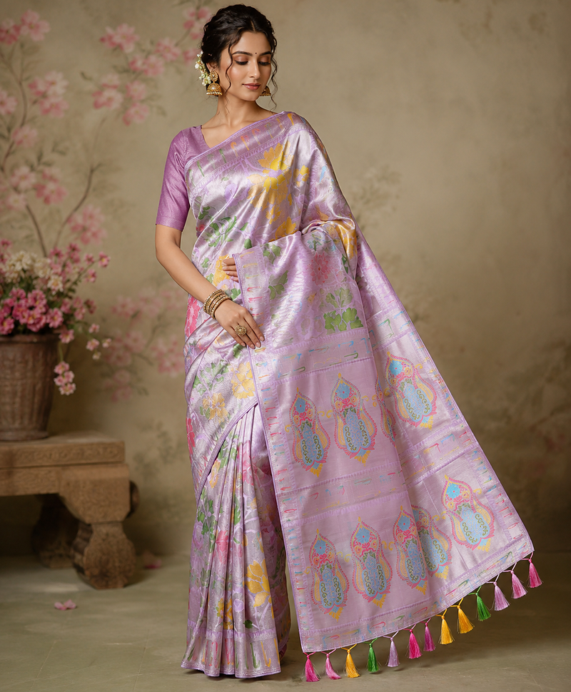 Baby Pink Minakari Big Flower Jaal With Viscose Saree with Blouse