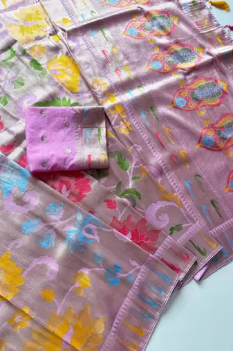 Baby Pink Minakari Big Flower Jaal With Viscose Saree with Blouse
