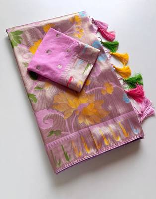 Baby Pink Minakari Big Flower Jaal With Viscose Saree with Blouse 5