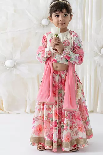 Pink floral printed cotton lehenga