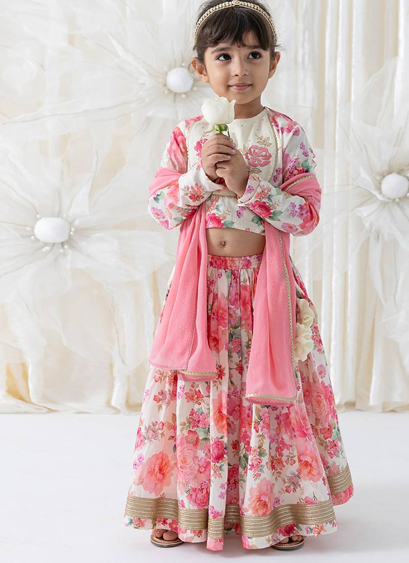 Pink floral printed cotton lehenga