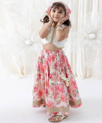 Pink floral printed cotton lehenga 1