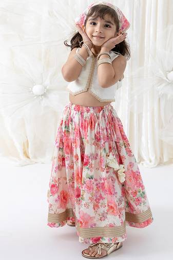 Pink floral printed cotton lehenga