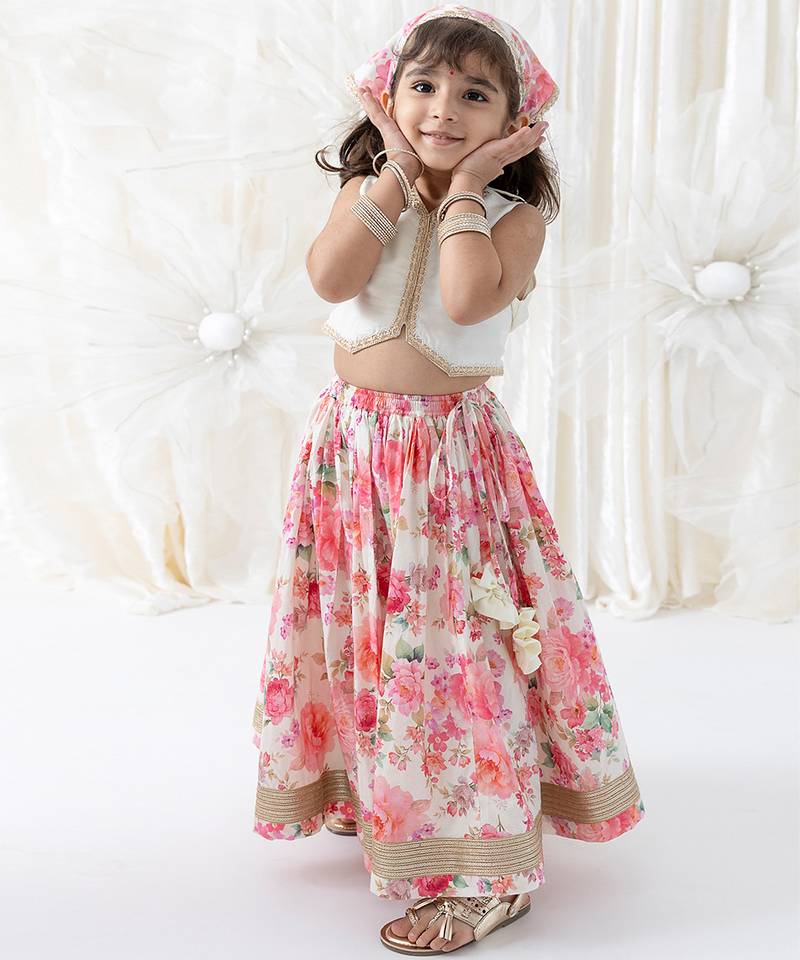 Pink floral printed cotton lehenga