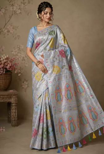 Sky Blue Viscose Saree with Blouse