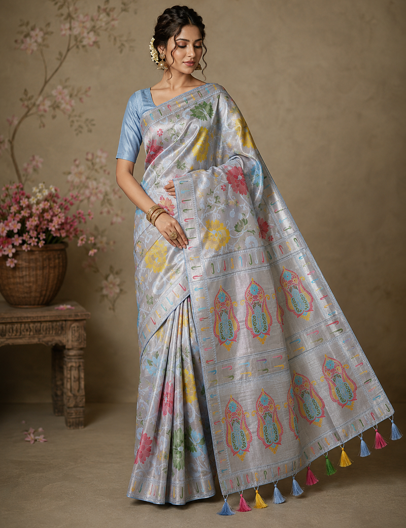 Sky Blue Viscose Saree with Blouse