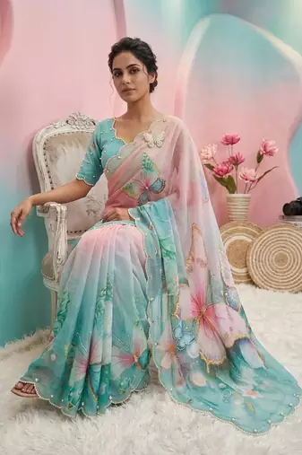 Sky Blue Color digital print And  mirror Work Silk Blend Saree