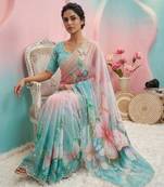 Sky Blue Color digital print And  mirror Work Silk Blend Saree
