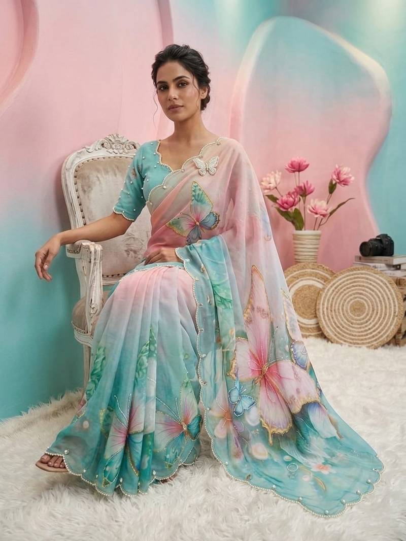 Sky Blue Color digital print And  mirror Work Silk Blend Saree