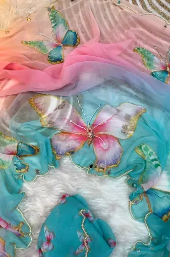 Sky Blue Color digital print And  mirror Work Silk Blend Saree