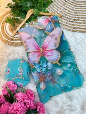 Sky Blue Color digital print And  mirror Work Silk Blend Saree 5