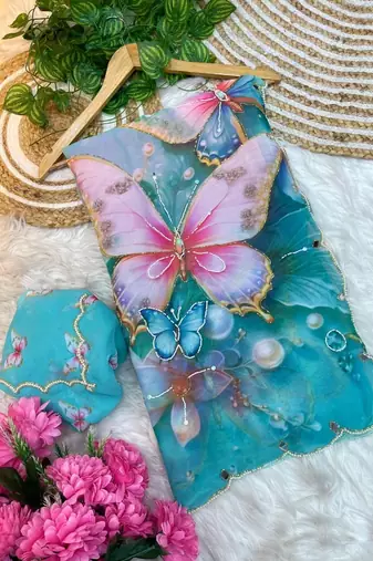 Sky Blue Color digital print And  mirror Work Silk Blend Saree