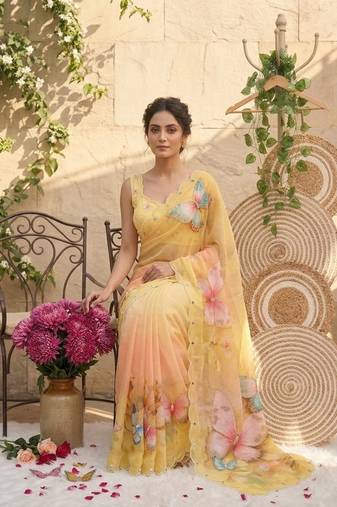 Yellow Color digital print And  mirror Work Silk Blend Saree