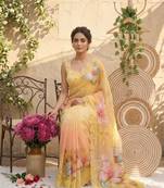 Yellow Color digital print And  mirror Work Silk Blend Saree