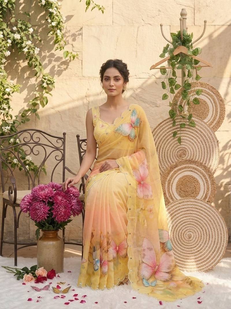 Yellow Color digital print And  mirror Work Silk Blend Saree