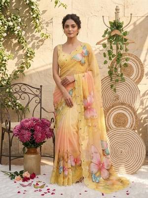 Yellow Color digital print And  mirror Work Silk Blend Saree 2