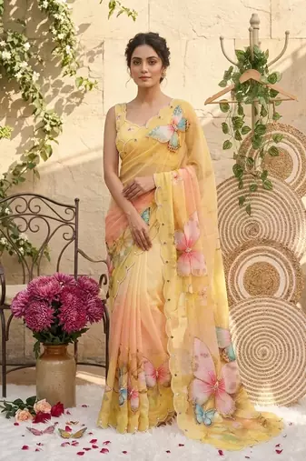 Yellow Color digital print And  mirror Work Silk Blend Saree