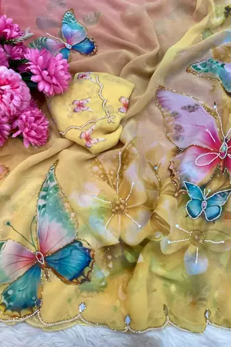 Yellow Color digital print And  mirror Work Silk Blend Saree