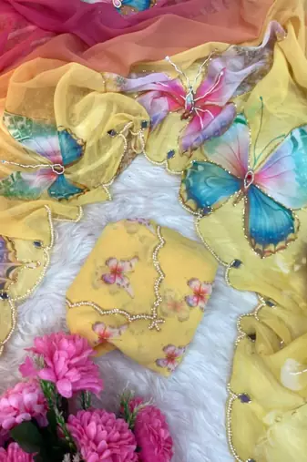 Yellow Color digital print And  mirror Work Silk Blend Saree