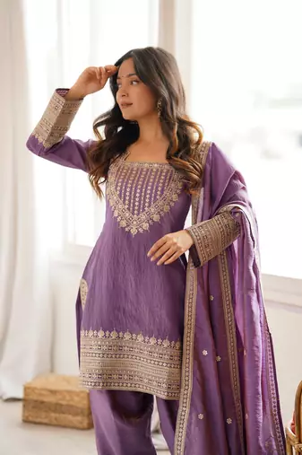 Women   s Onion pink embroidered kurta with patiala pant & dupatta