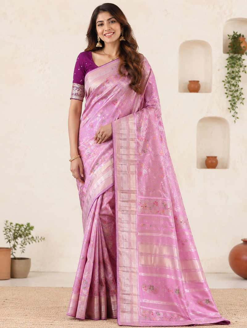 Baby Pink Viscose Silk Saree with Blouse
