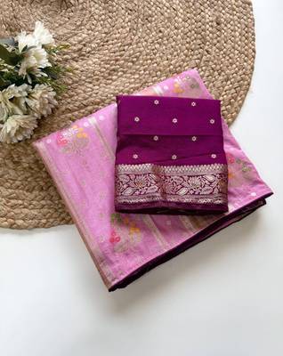Baby Pink Viscose Silk Saree with Blouse 4