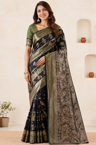 Black Viscose Crepe Silk Saree with Blouse