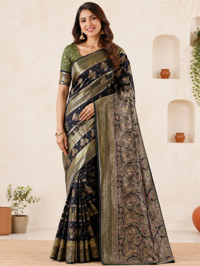 Black Viscose Crepe Silk Saree with Blouse