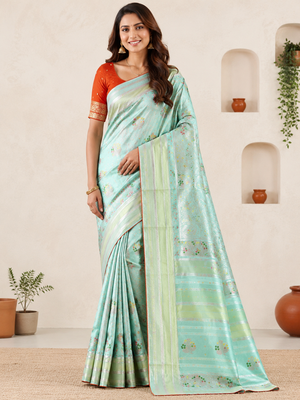 Sea Green Viscose Crepe Silk Saree with Blouse 1