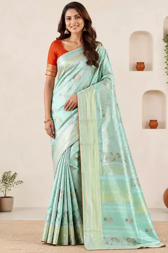 Sea Green Viscose Crepe Silk Saree with Blouse