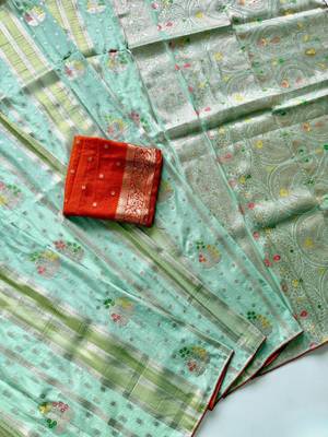 Sea Green Viscose Crepe Silk Saree with Blouse 2