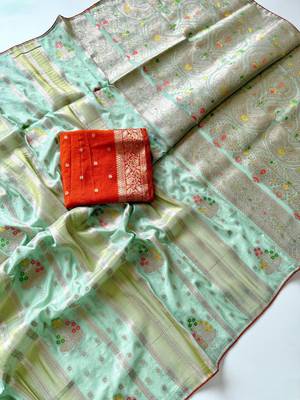 Sea Green Viscose Crepe Silk Saree with Blouse 3