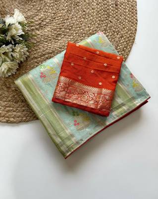 Sea Green Viscose Crepe Silk Saree with Blouse 4