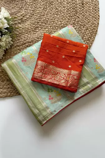 Sea Green Viscose Crepe Silk Saree with Blouse