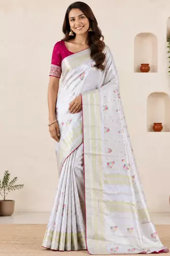White Viscose Crepe Silk Saree with Blouse