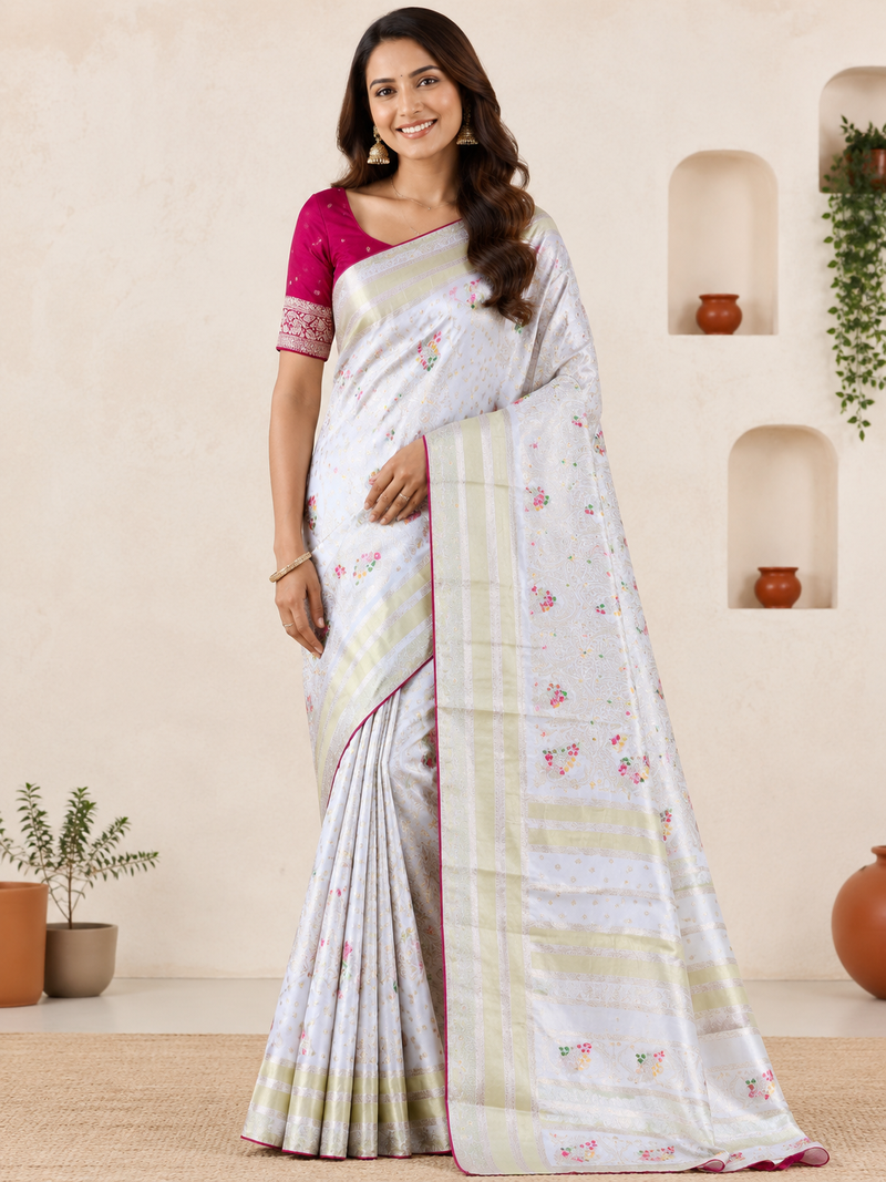 White Viscose Crepe Silk Saree with Blouse