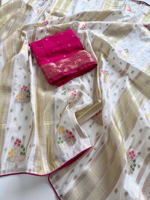 White Viscose Crepe Silk Saree with Blouse 2