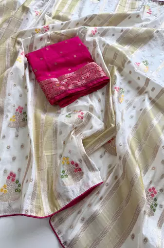 White Viscose Crepe Silk Saree with Blouse