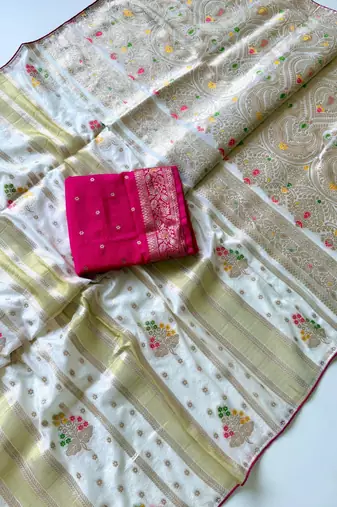 White Viscose Crepe Silk Saree with Blouse