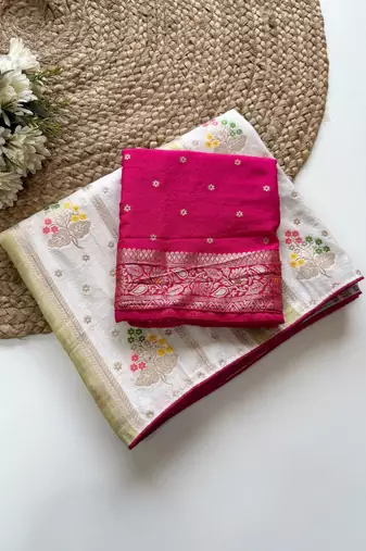 White Viscose Crepe Silk Saree with Blouse