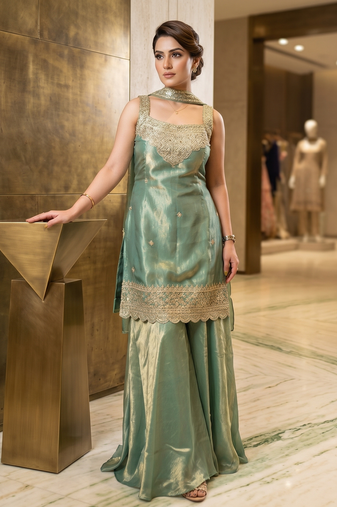 Elegant sea green silk kurta palazzo set with embroidery