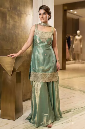 Elegant sea green silk kurta palazzo set with embroidery