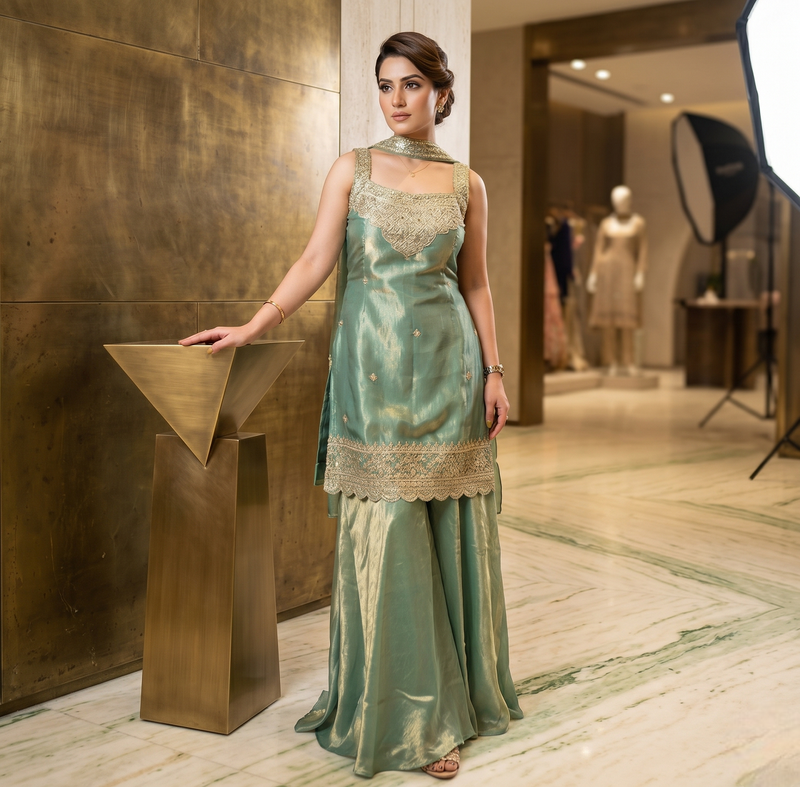 Elegant sea green silk kurta palazzo set with embroidery
