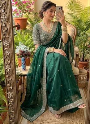 Green Color embroidery sequence work Silk Blend Saree 1