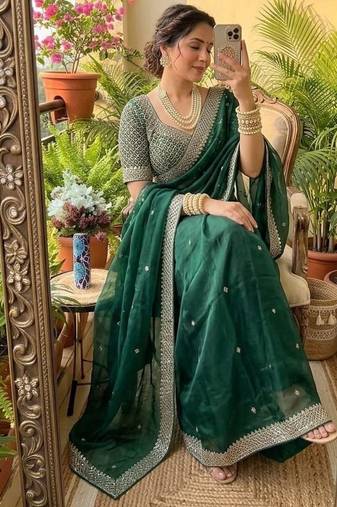 Green Color embroidery sequence work Silk Blend Saree