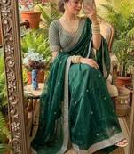 Green Color embroidery sequence work Silk Blend Saree