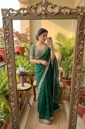 Green Color embroidery sequence work Silk Blend Saree