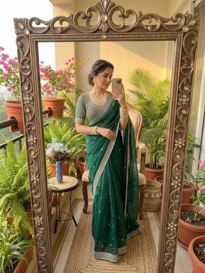 Green Color embroidery sequence work Silk Blend Saree